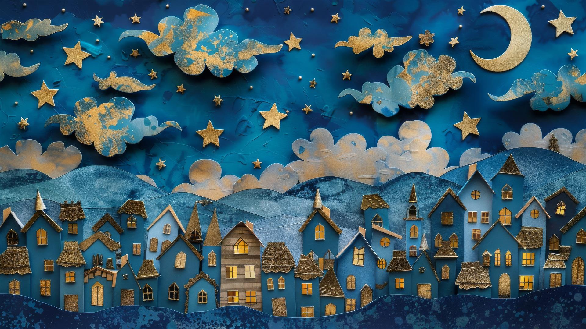Blue and gold whimsical cityscape at night with twinkling stars and paper cutout art.