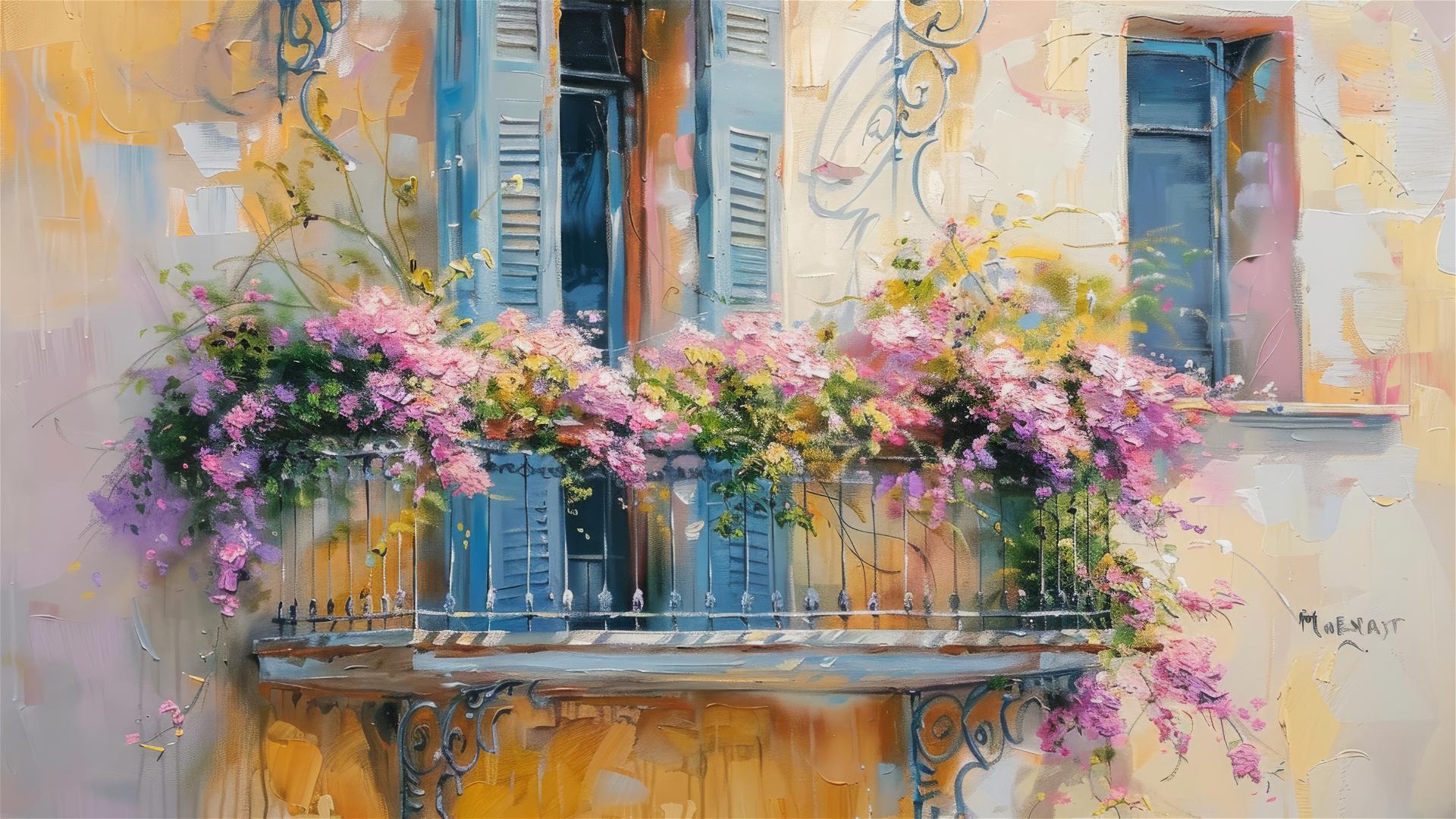 Balcony on a European street with vines, pink flowers, and light tones