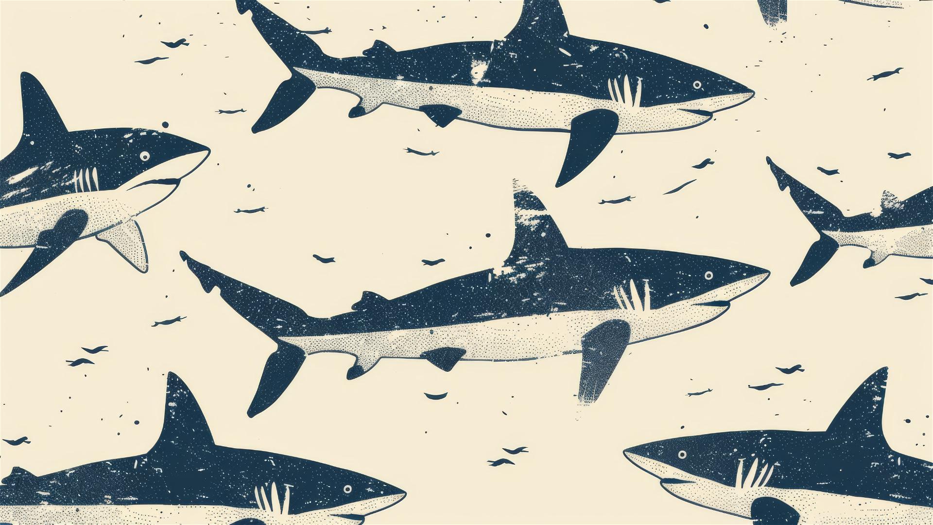 Hand-drawn sharks swimming in seamless pattern