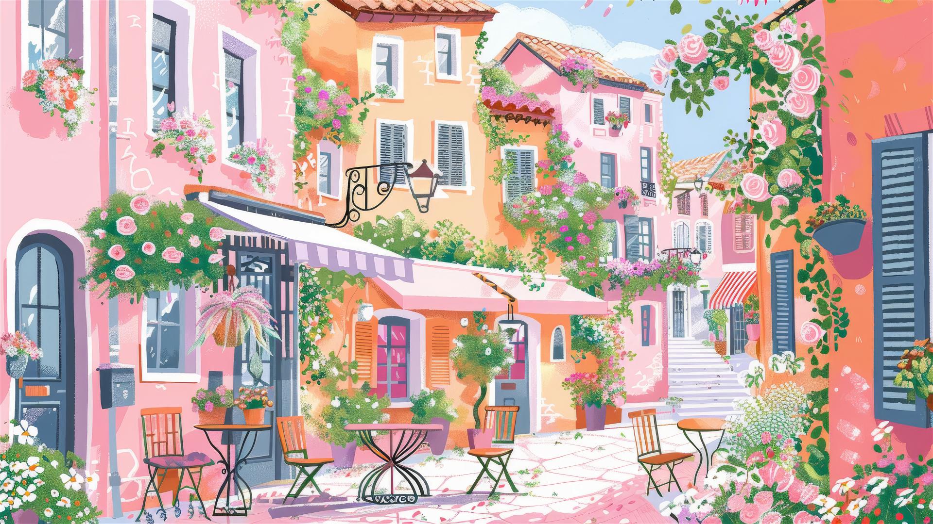 Sunny pink and pastel French village streets with flowers, terraces, and cafe tables.