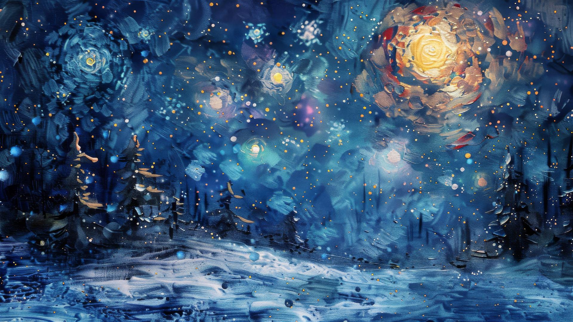 Brilliant stars illuminating a quiet night with light snowfall in stained glass style.