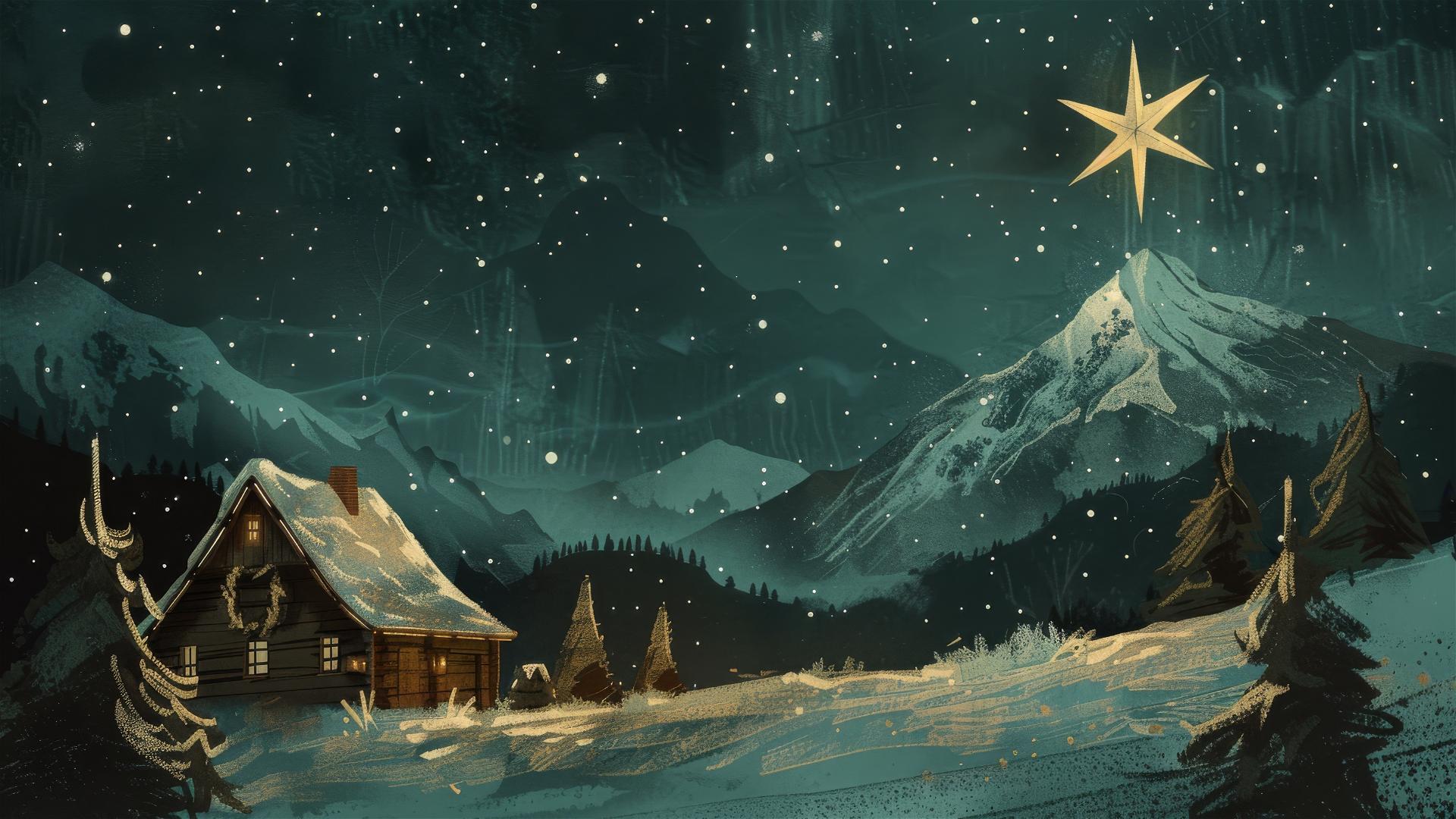 Christmas star above a cabin near mountains with religious themes in chiaroscuro