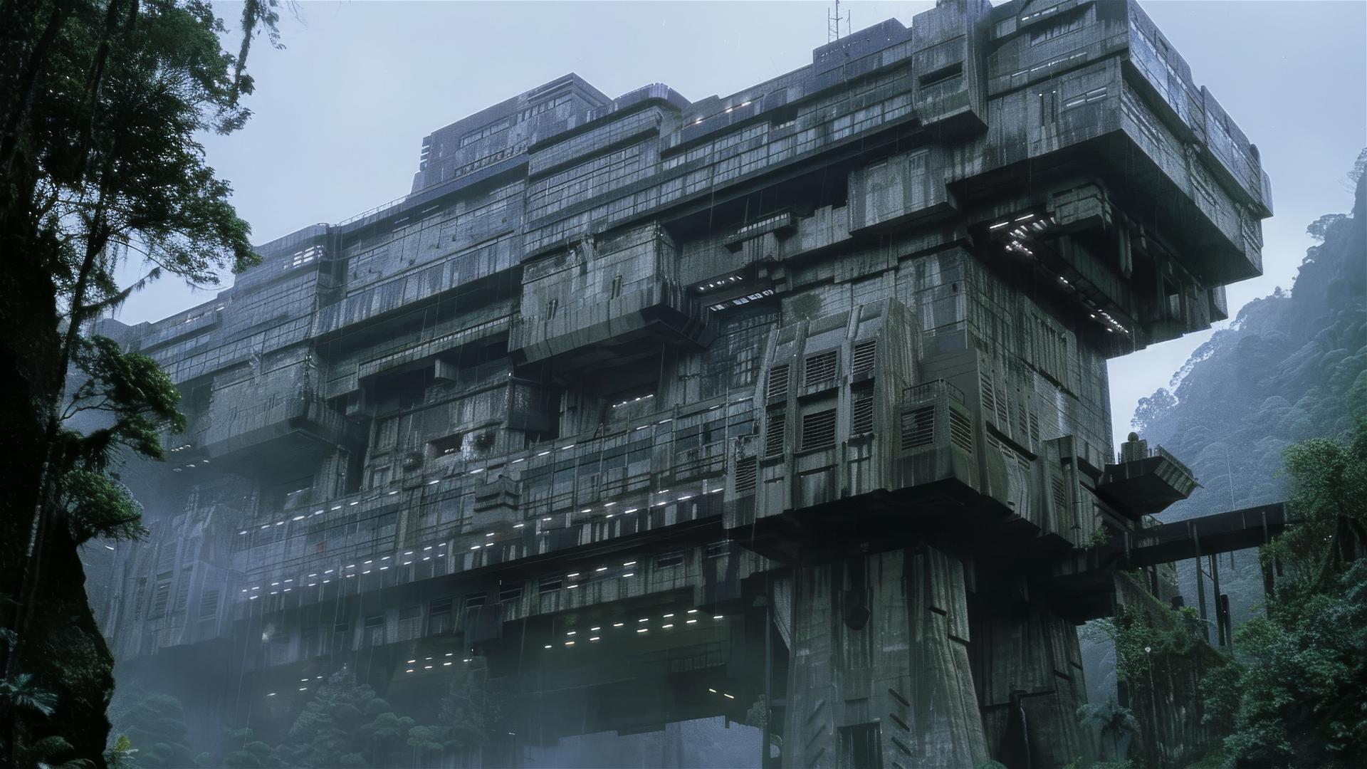 1980s brutalist concrete building at dusk, South American city.