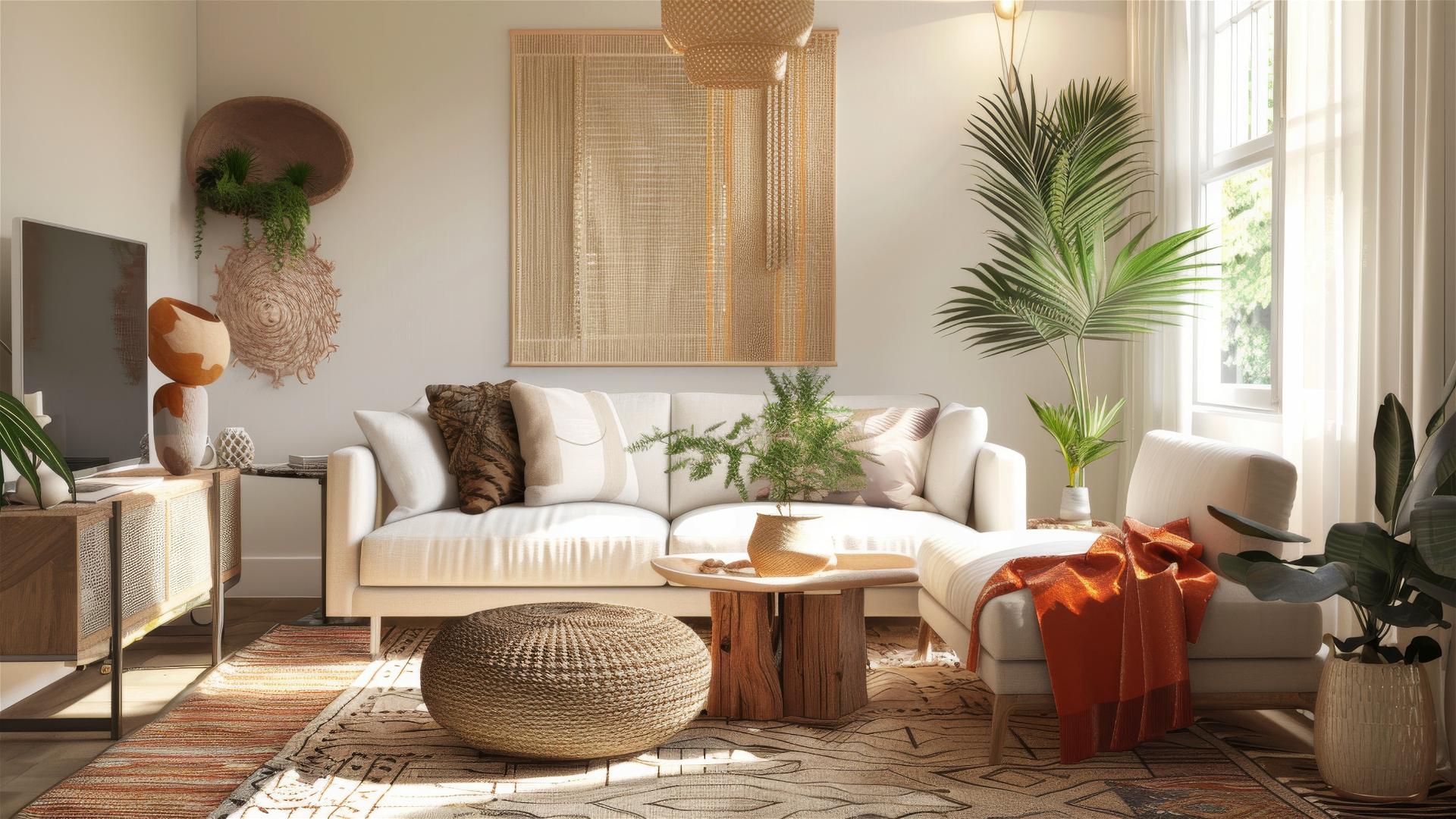 Eclectic bohemian Scandinavian living room with vibrant plants