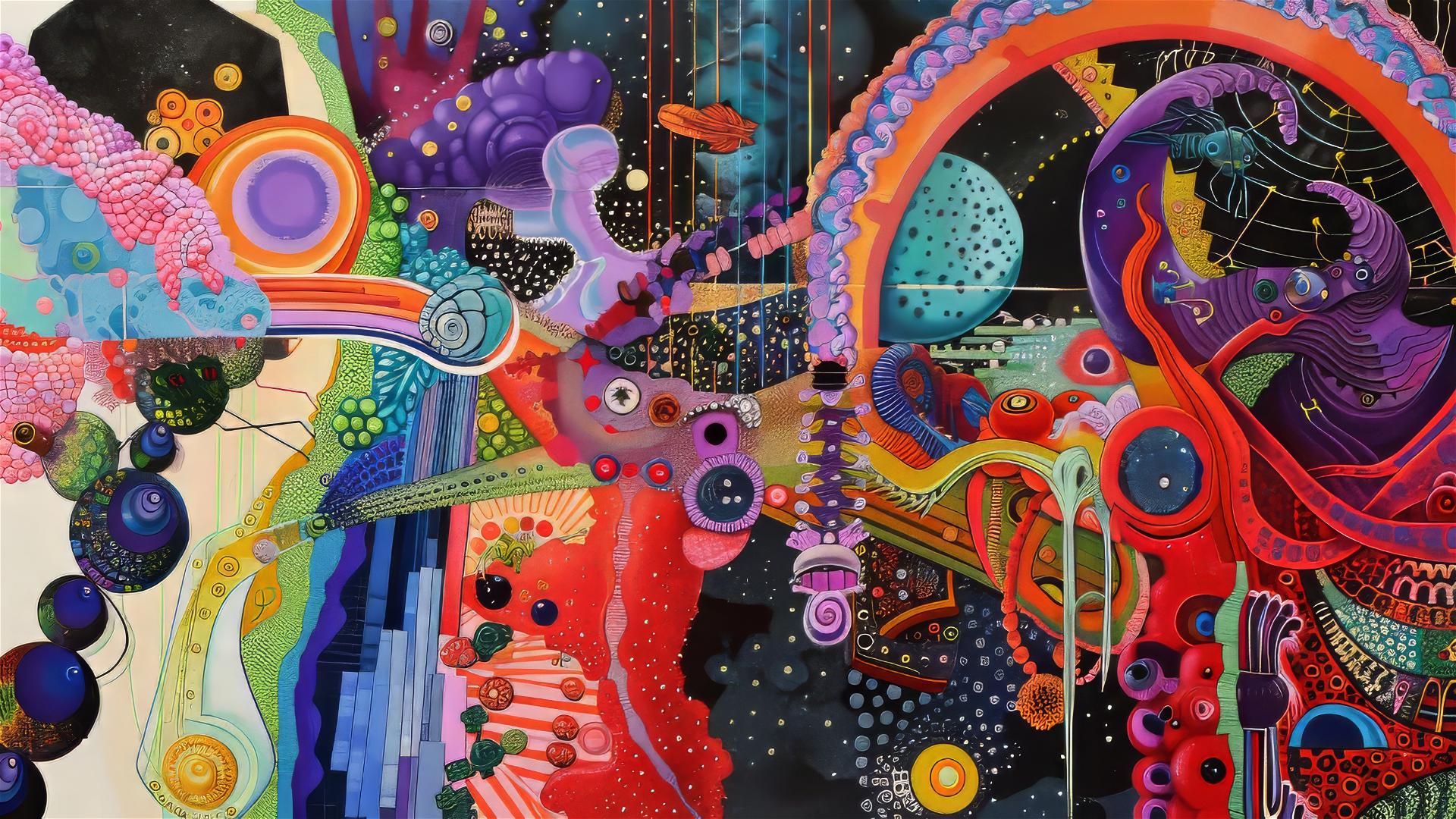 Steampunk paper collage with purple rainbow, simplified figures.