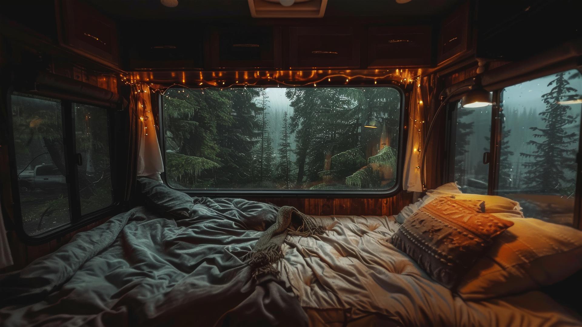 Cozy RV interior with rain outside