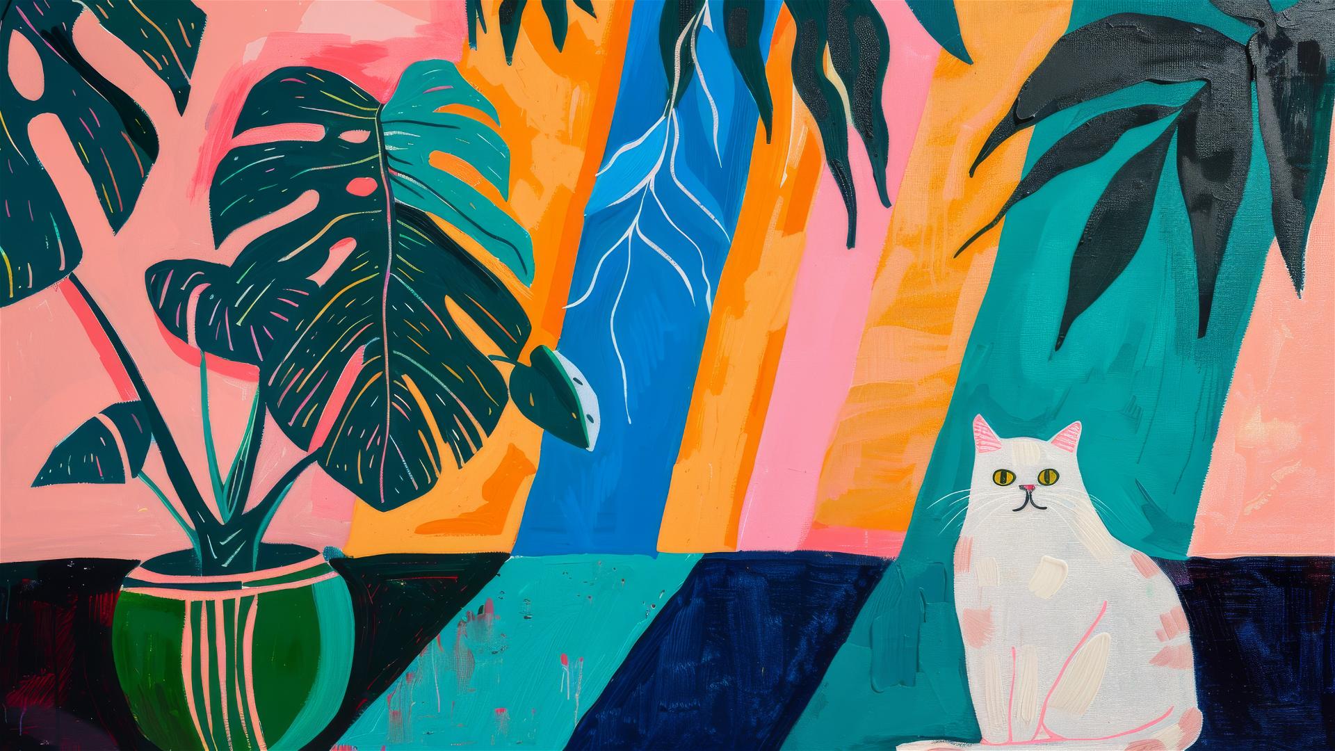 Oil painting of monstera in green pot with cat, Matisse style