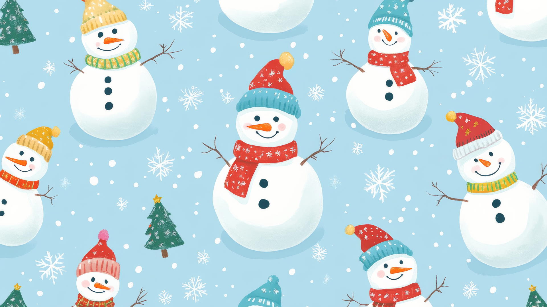cute preppy Christmas wallpaper with cheerful snowmen, colorful scarves, hats, snowflakes, and small Christmas trees on a pale blue background