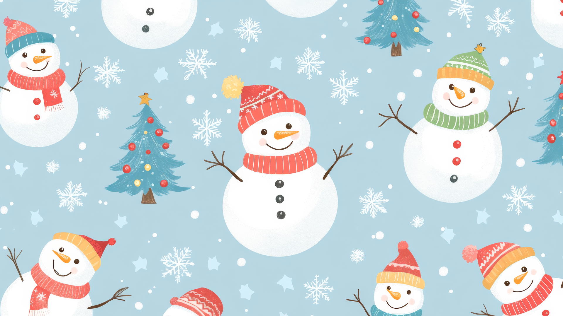 Cute preppy Christmas wallpaper with cheerful snowmen, colorful scarves, hats, and snowflakes.