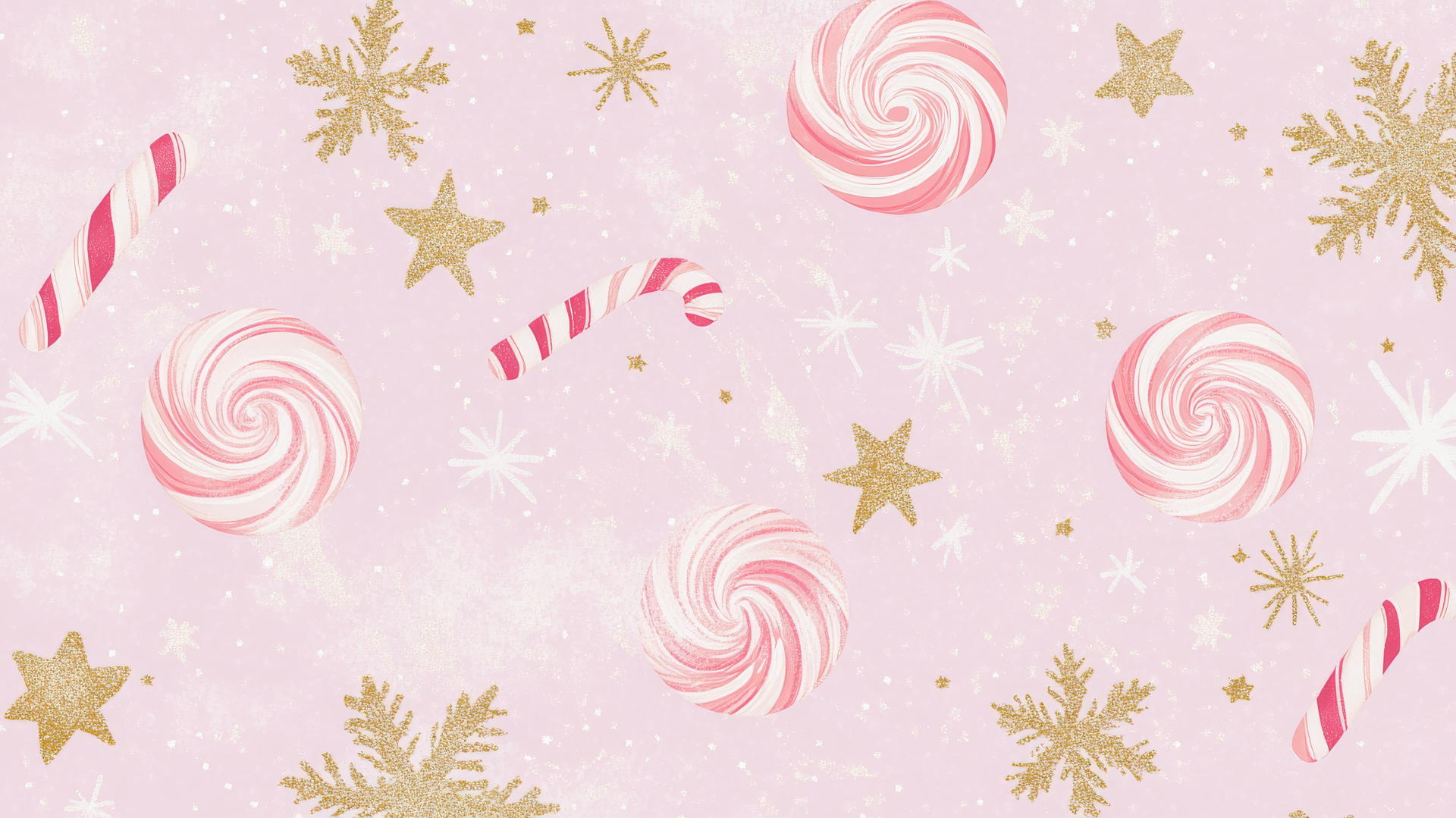 Preppy wallpaper Christmas with peppermint swirls, stars, gold glitter, and snowflakes on a pastel pink background.