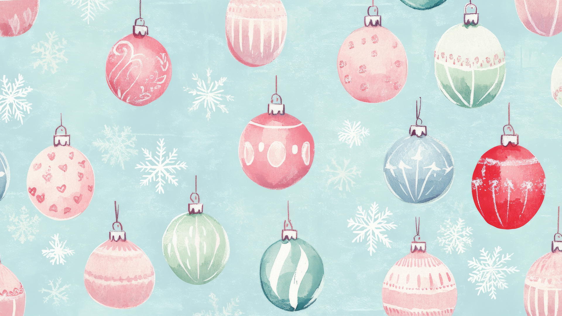 preppy wallpaper christmas with vintage-style pastel Christmas ornaments on light blue background