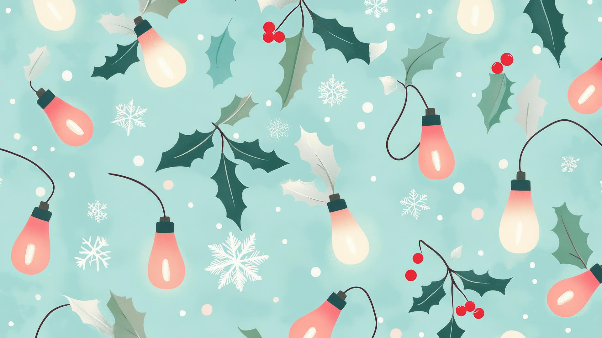 preppy Christmas wallpaper with retro pastel light bulbs, holly, and snowflakes