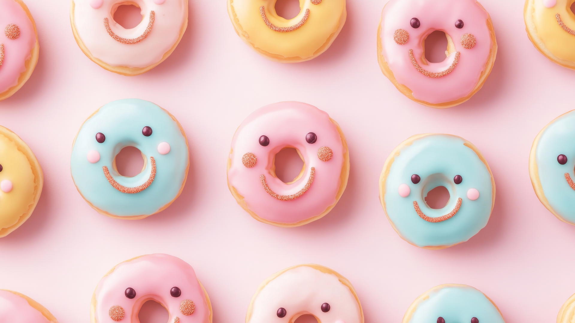 pink preppy wallpaper with smiley face donuts, colorful glazes, rose gold accents.