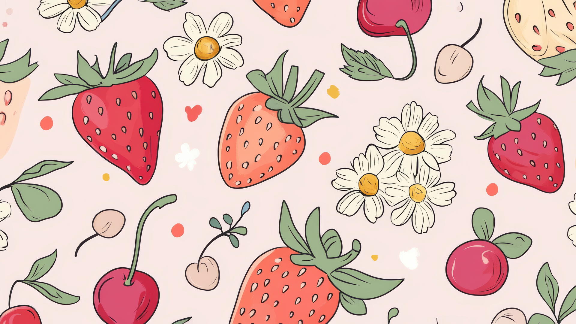 Preppy wallpaper with hand-drawn strawberries, cherries, and flowers