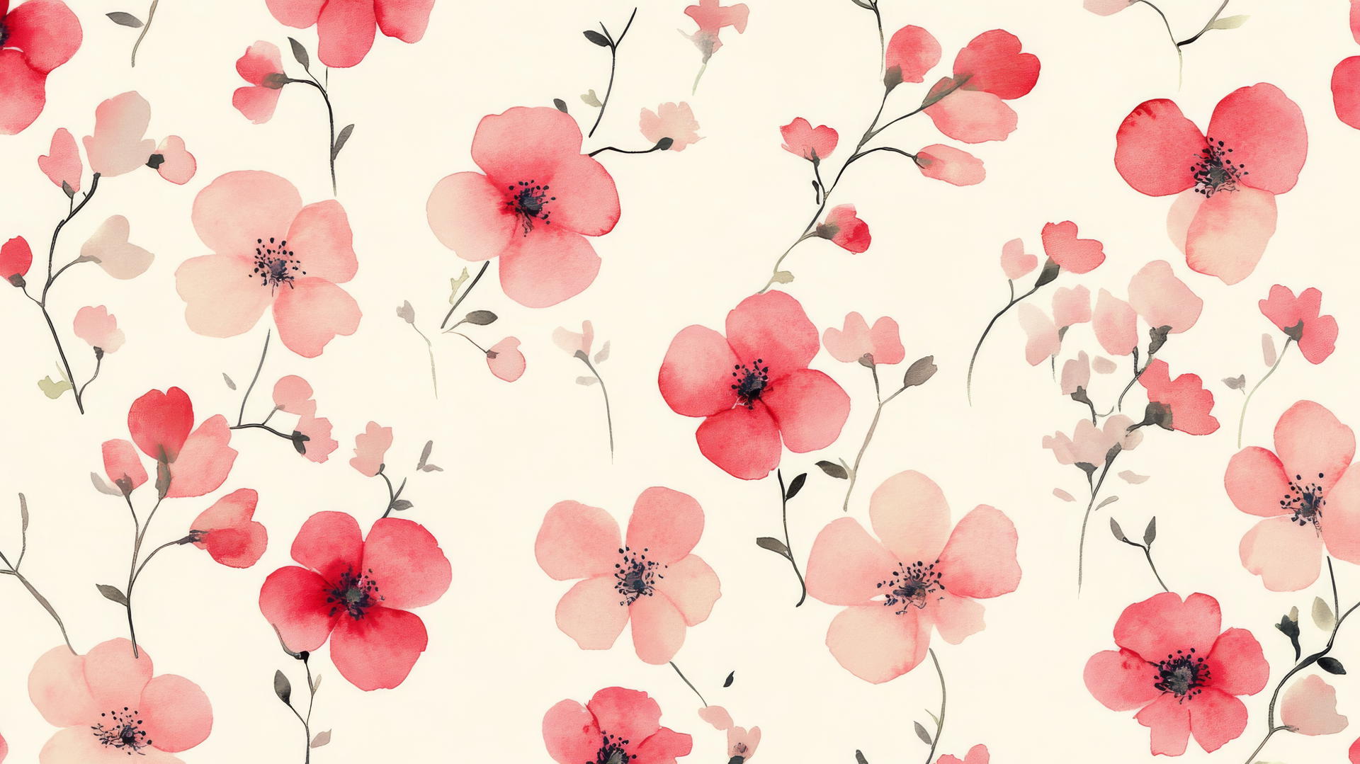 pink preppy wallpaper with small pink flowers on cream background in a watercolor style