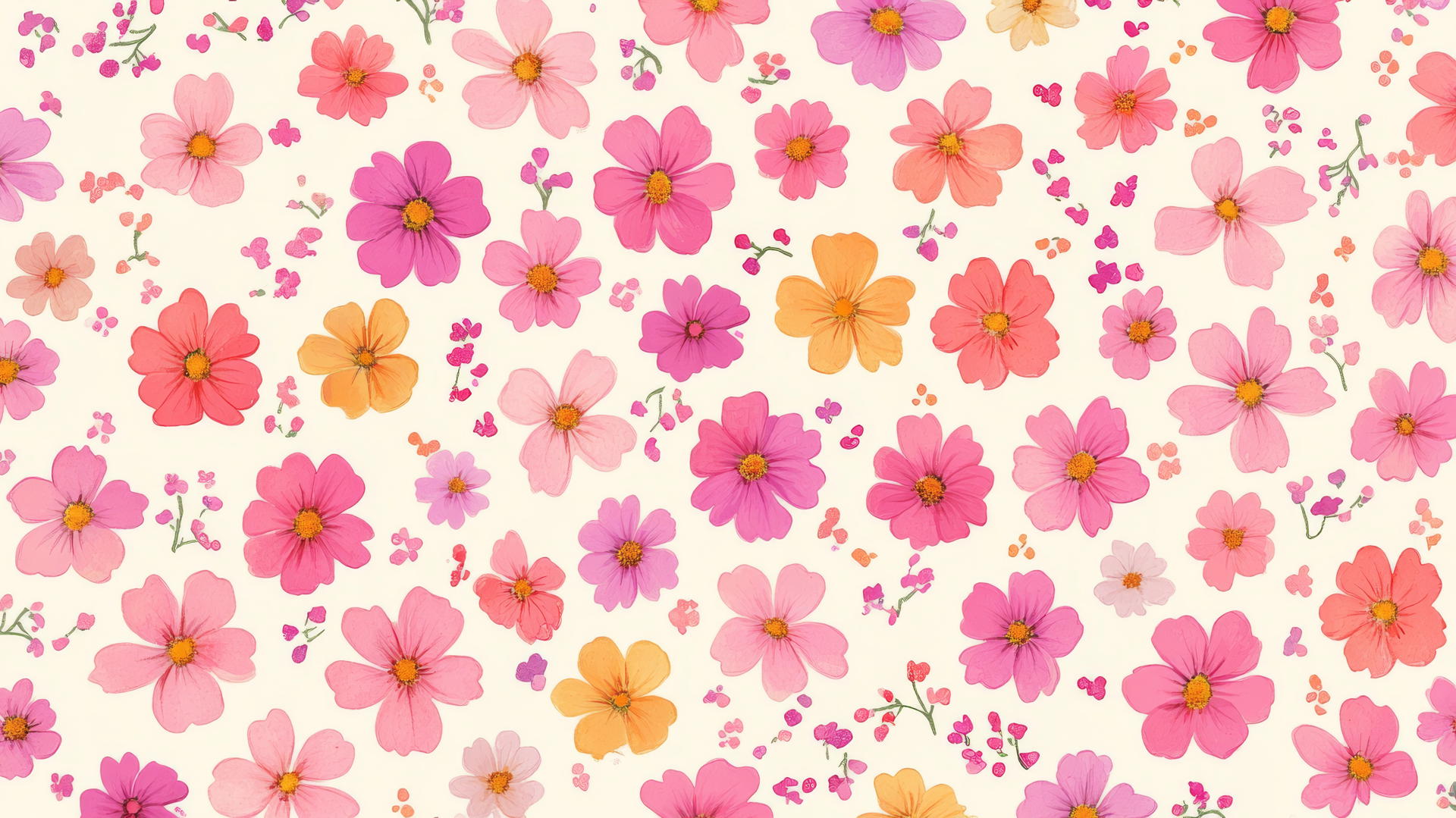 Preppy pink wallpaper of pastel pink flowers on cream background in watercolor style