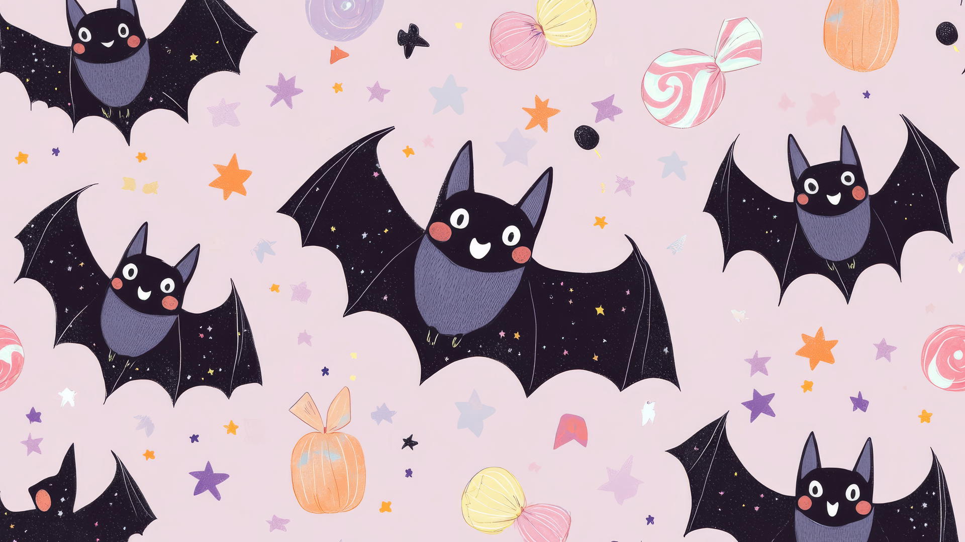 Halloween wallpaper preppy with friendly bats, candy, and stars on pastel lilac
