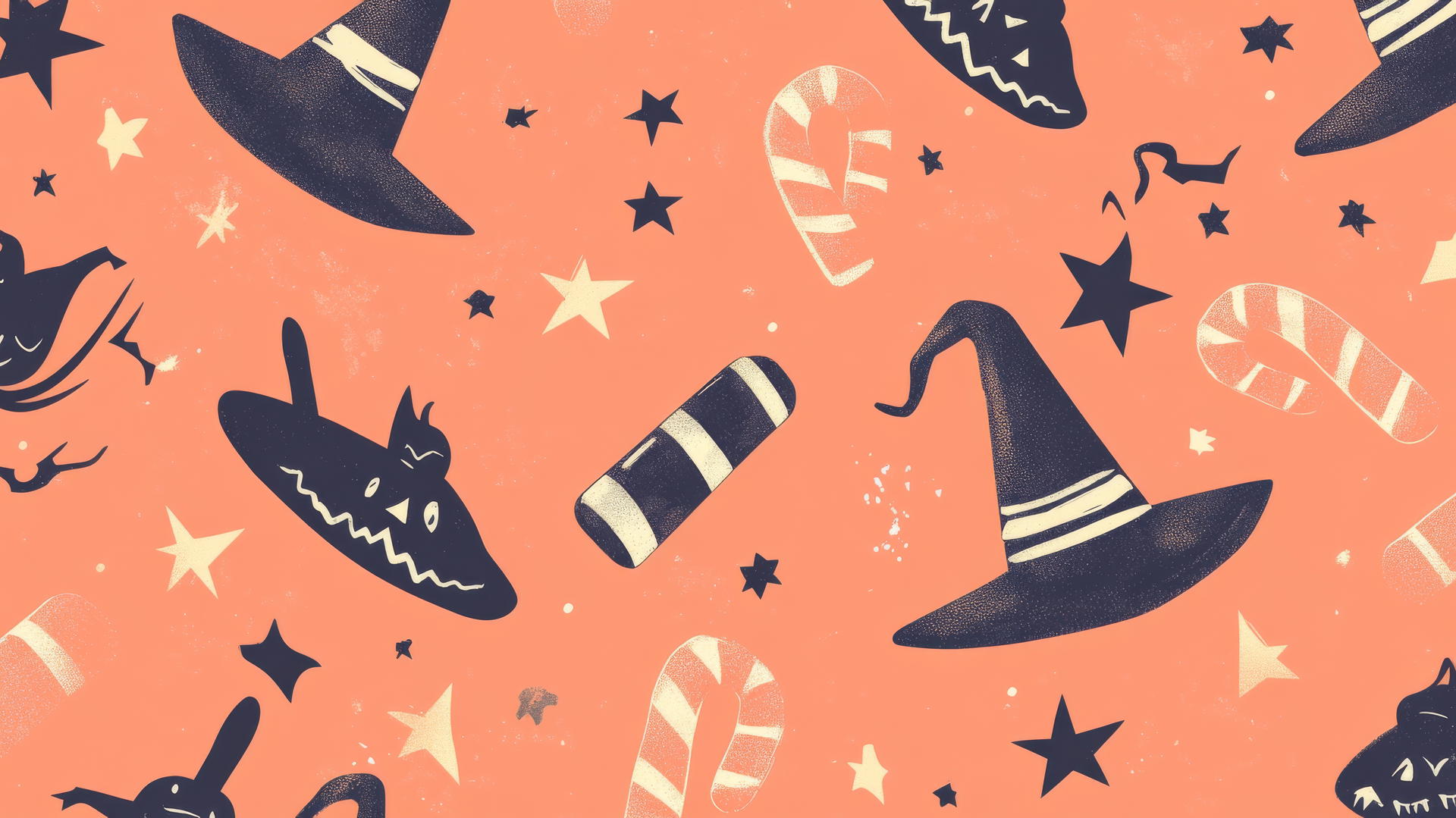 preppy wallpaper Halloween with witches, candy canes, and stars on pastel coral