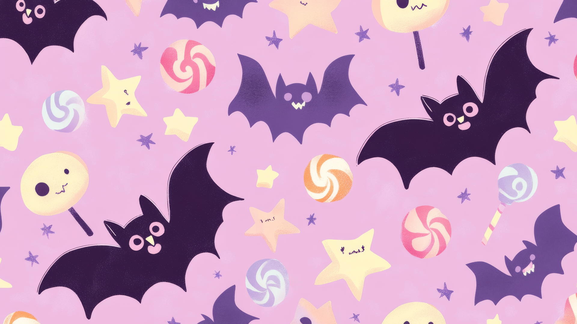 preppy wallpaper halloween with friendly bats, candy, and stars on pastel lilac background