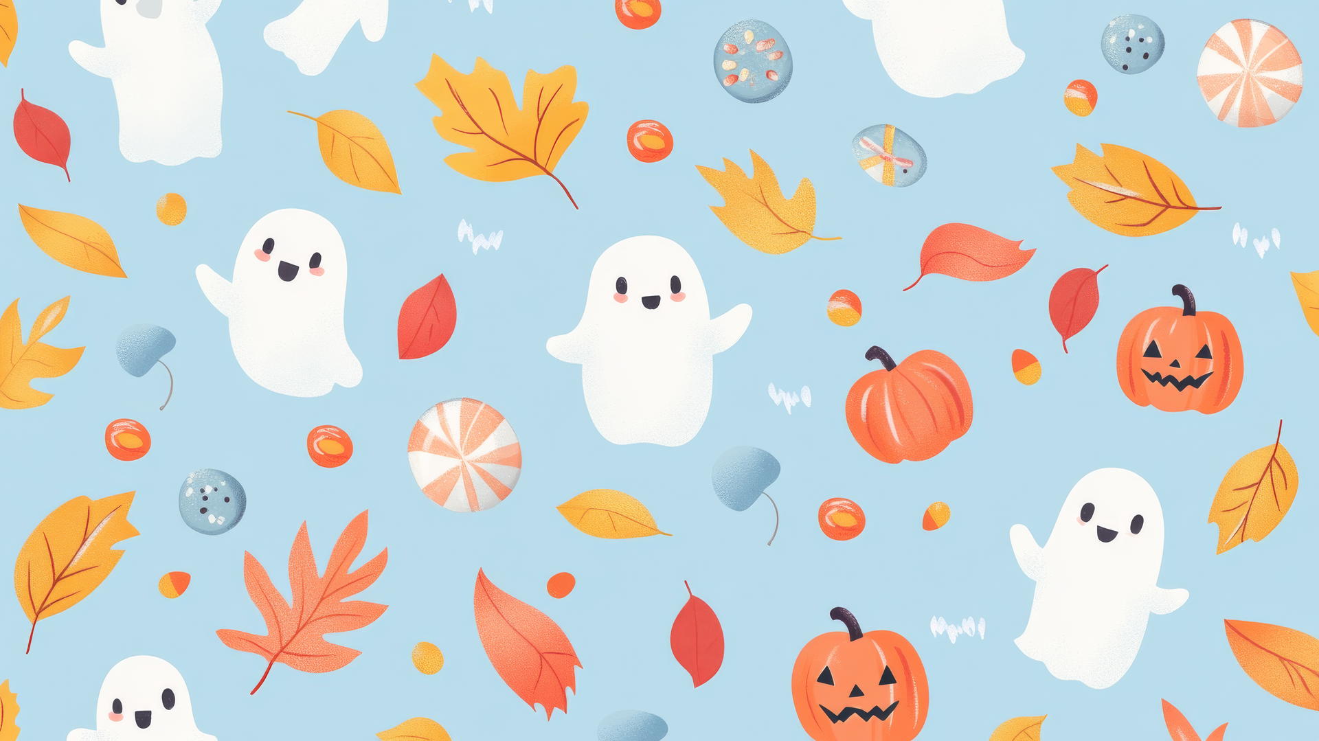 Preppy Halloween wallpaper with cute ghosts, candy, and leaves