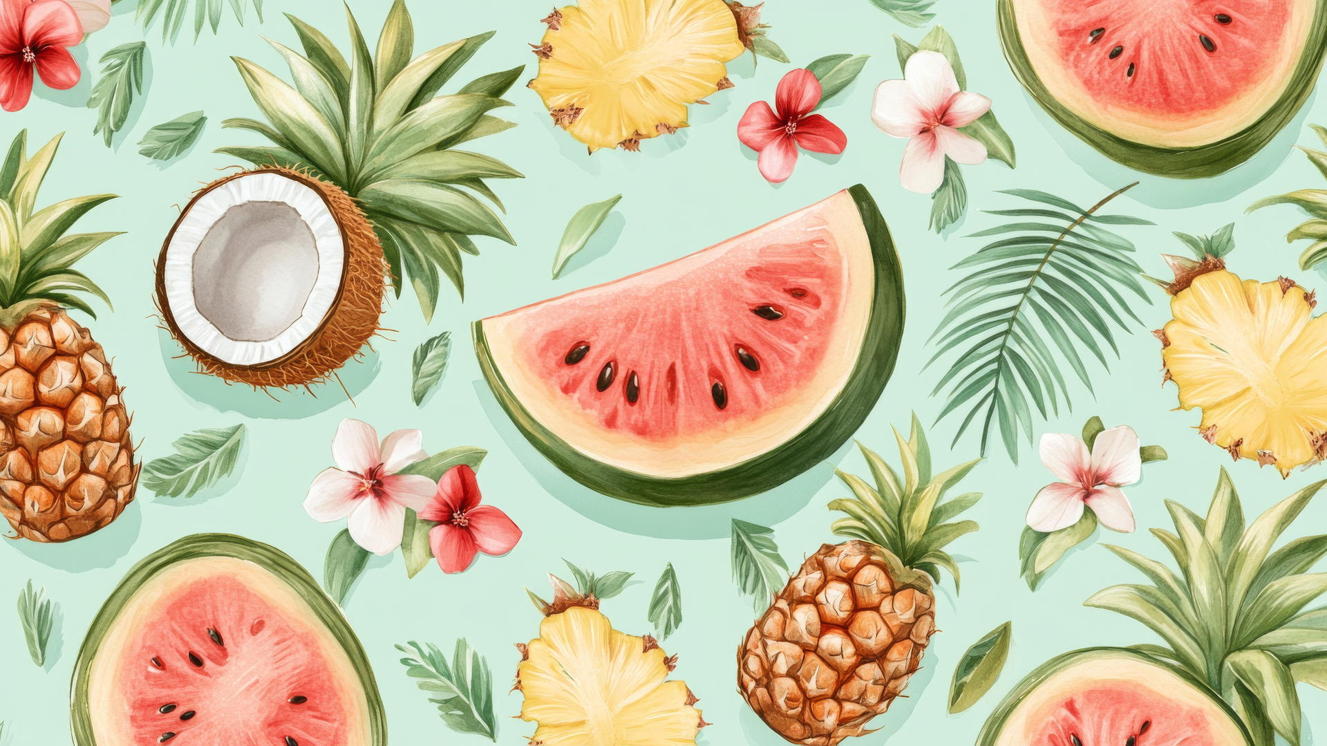 Preppy summer wallpaper with pastel tropical fruits on a light green background