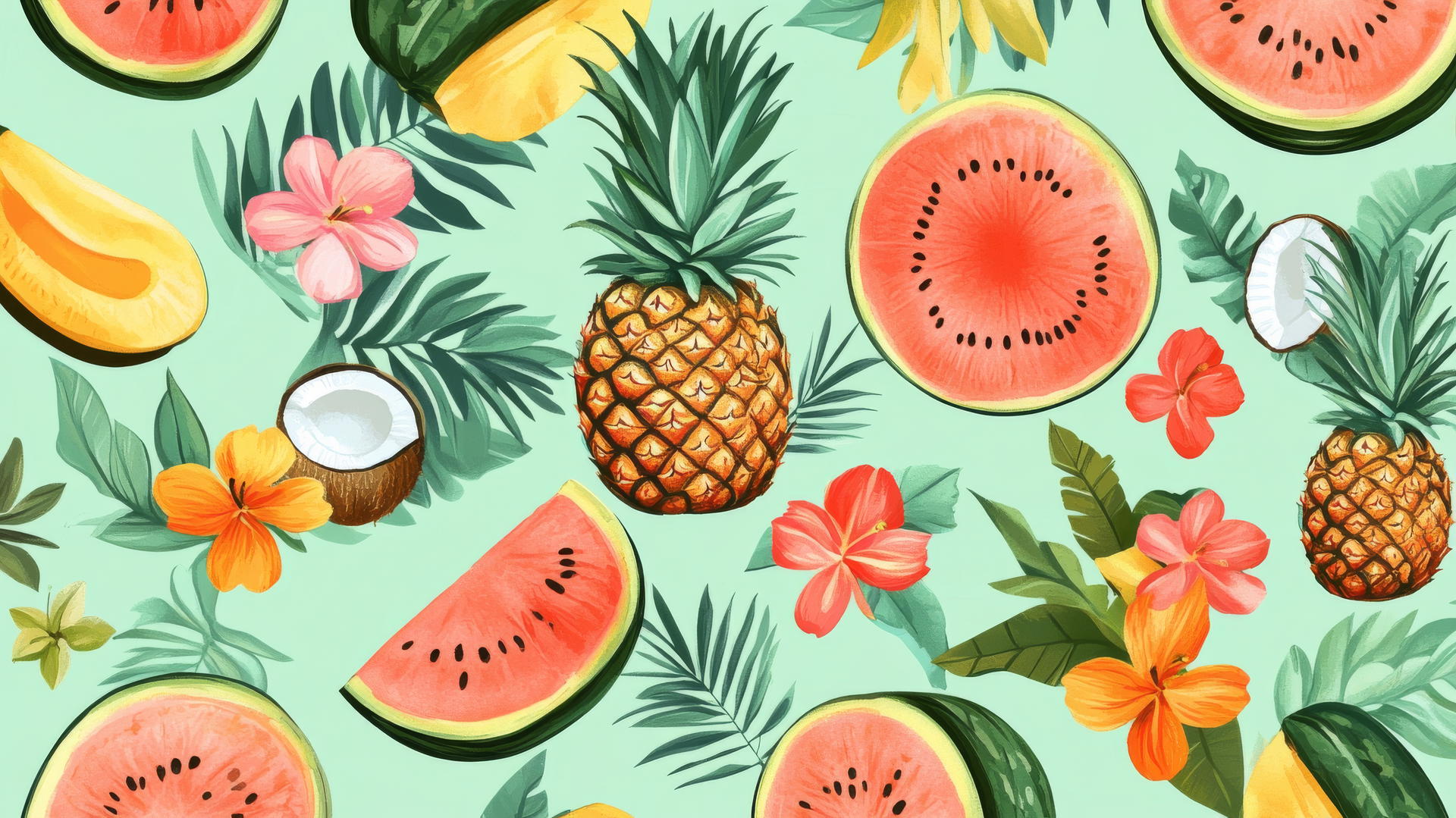 preppy summer wallpaper with pastel-colored tropical fruits and light green background.