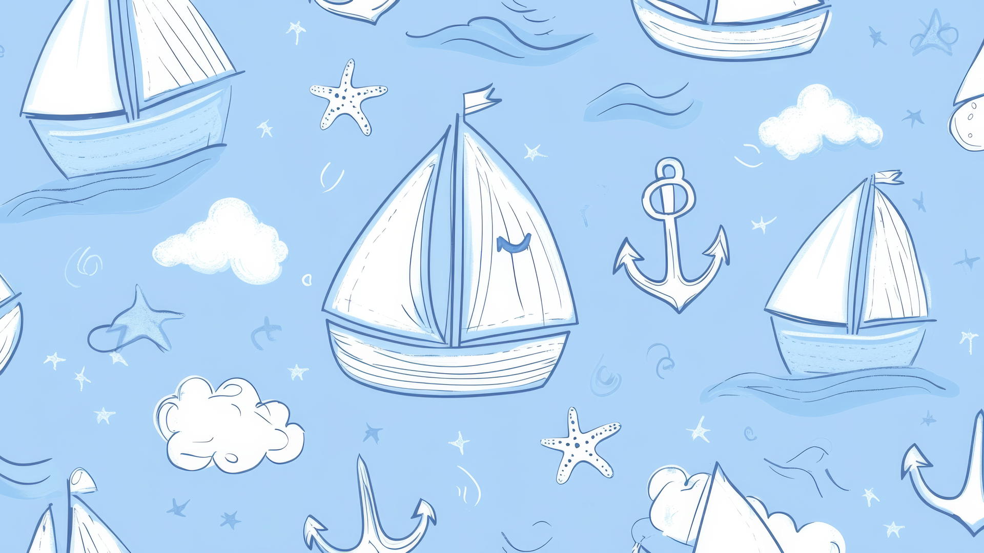 preppy summer wallpaper with hand-drawn sailboats, anchors, and starfish on pastel blue