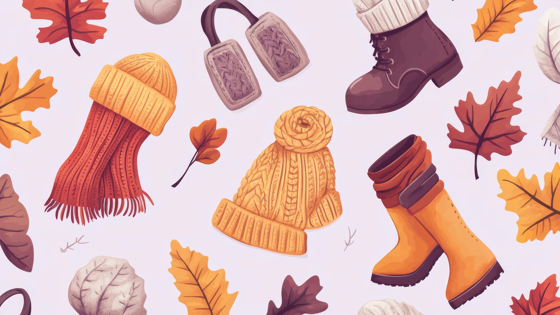 Preppy autumn wallpaper with knit hats, scarves, and boots on pastel purple