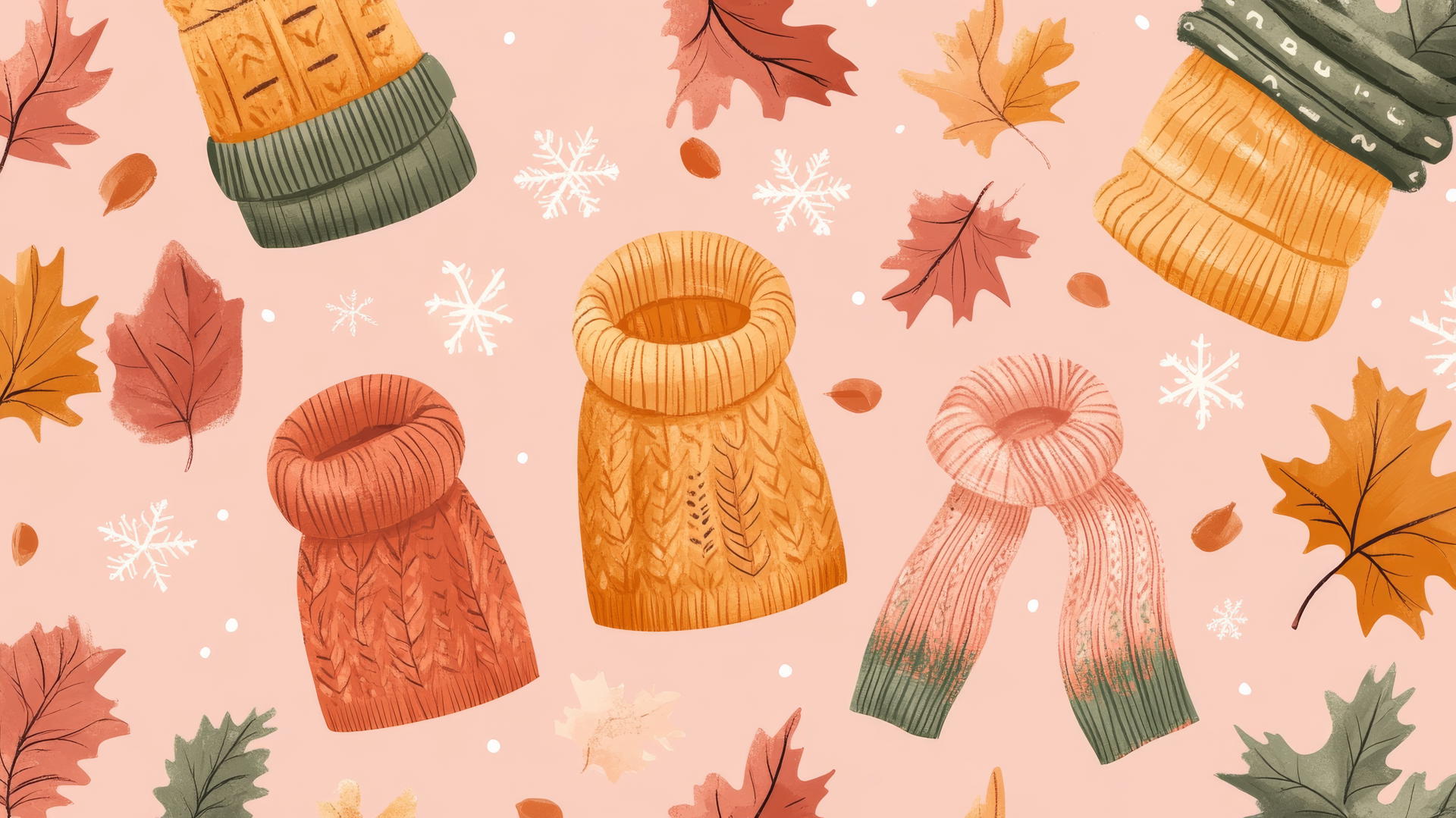 preppy fall wallpaper with cozy knit sweaters, scarves, and mittens on pastel pink