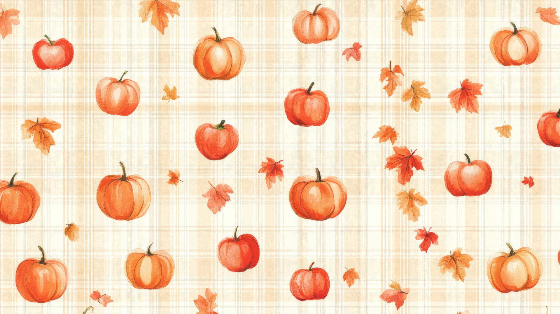 preppy fall wallpaper with plaid pattern, apples, pumpkins, and leaves