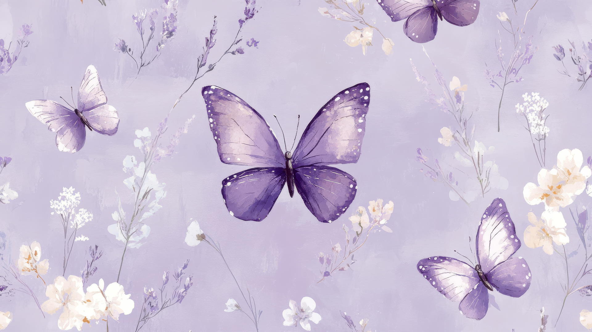 purple preppy wallpaper with butterflies and white flowers on light purple background