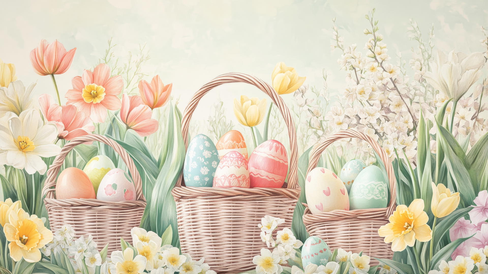 Preppy Easter wallpaper featuring stylish baskets, pastel eggs, blooming tulips