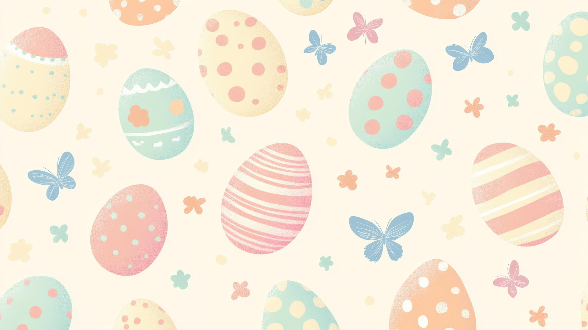 Preppy Easter wallpaper with pastel eggs, flowers, and butterflies.