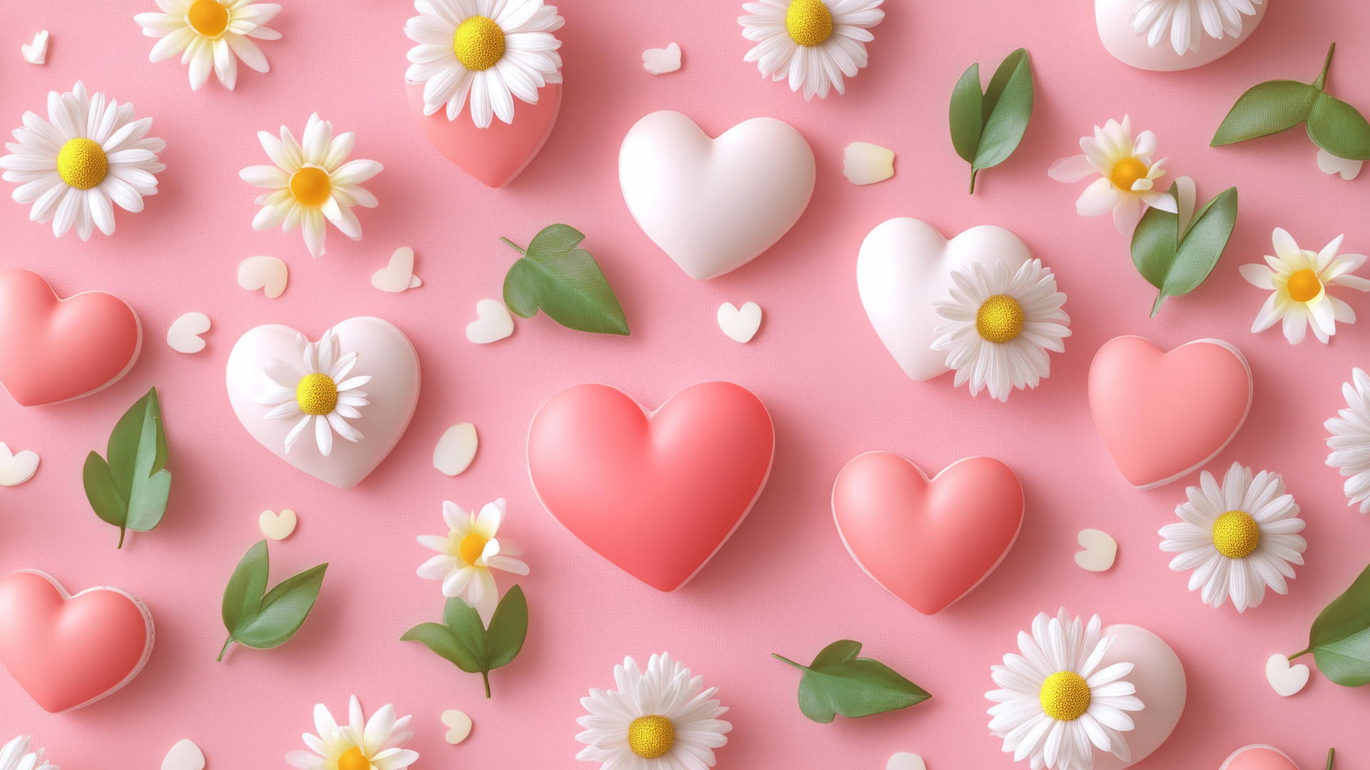 preppy valentines wallpaper with pink and white hearts, daisies, green leaves, and yellow accents on a pastel pink background