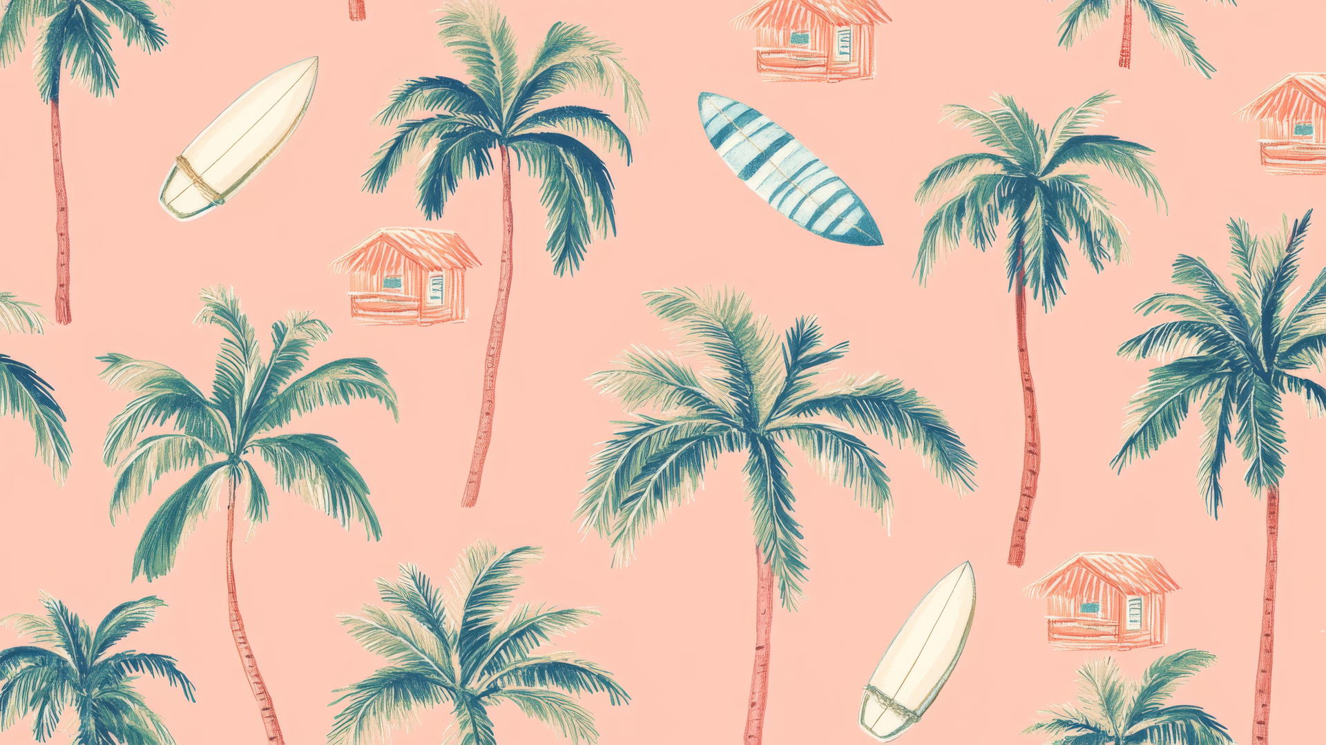 Preppy beach wallpaper with pastel palm trees, coconuts, beach huts, and surfboards on a coral background.