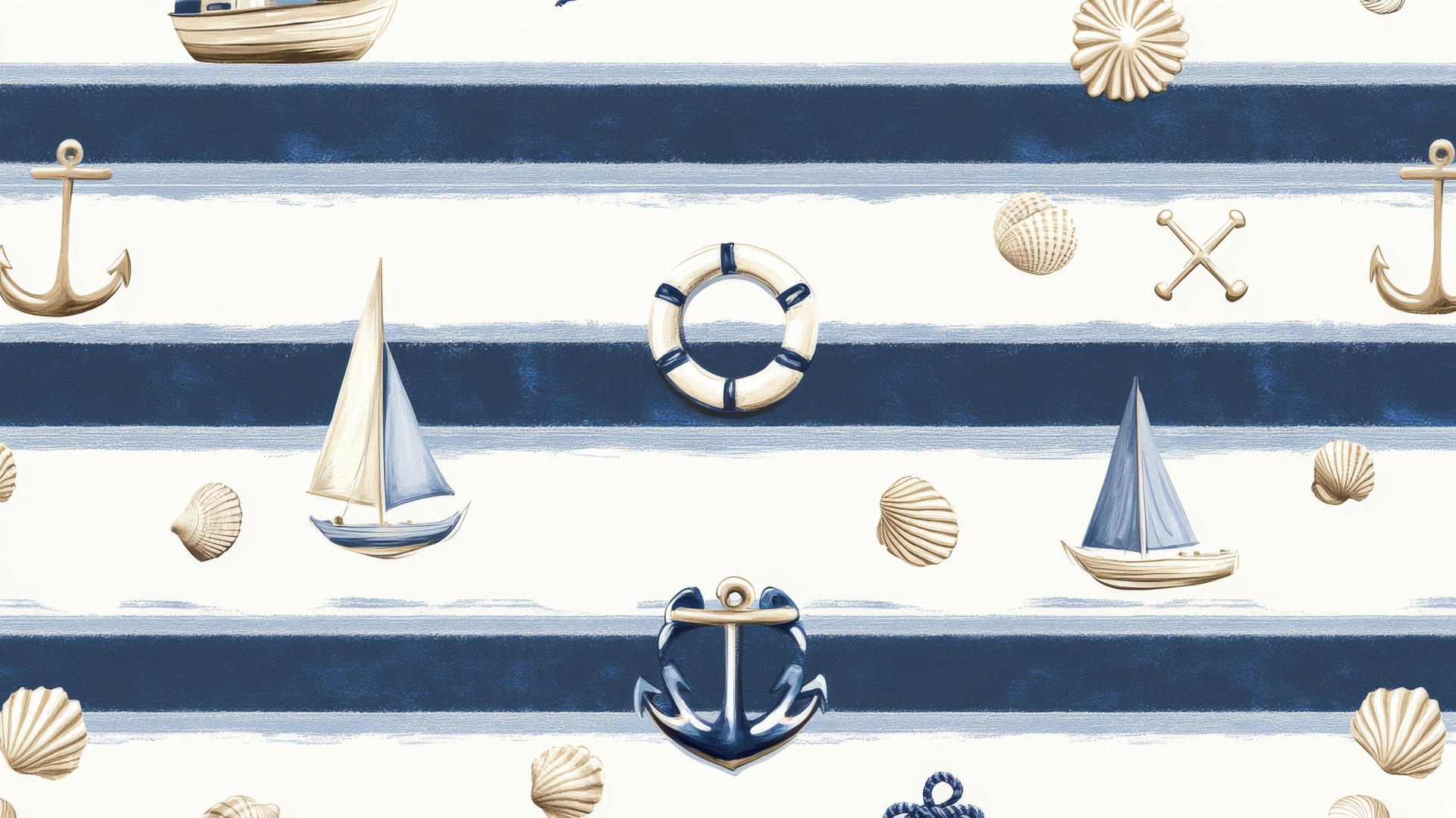 Preppy beach wallpaper with navy blue stripes, anchors, and sailboats