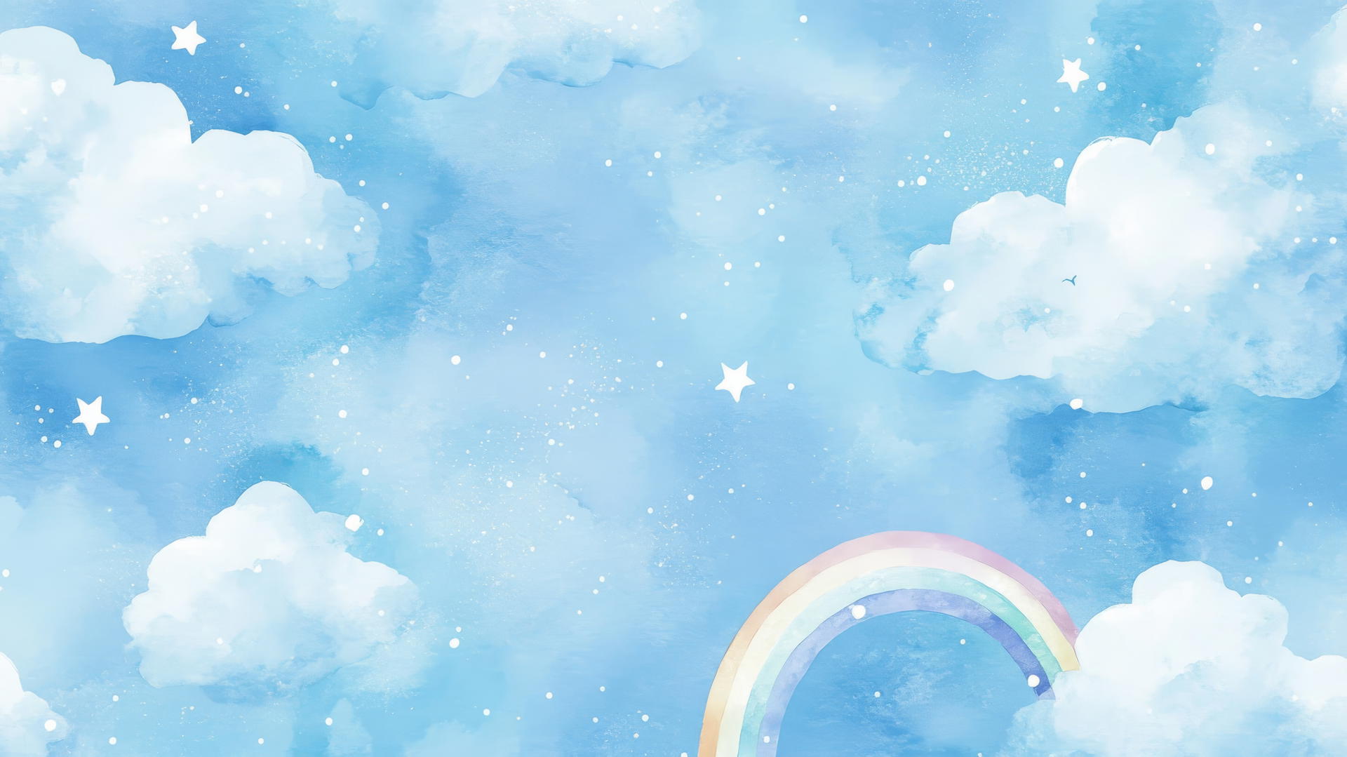 Preppy blue wallpaper with watercolor clouds, pastel rainbows