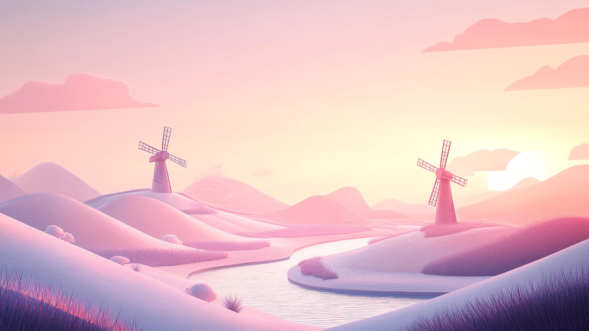 aesthetic cute wallpapers with dreamy pastel landscape, hills, windmills, winding river