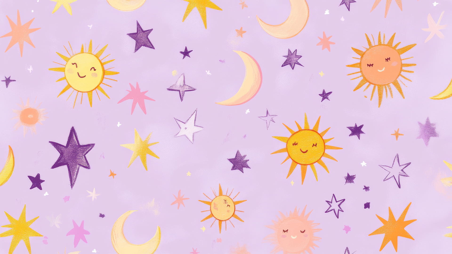 Aesthetic cute wallpapers with hand-drawn pastel stars, moons, and suns on lavender background