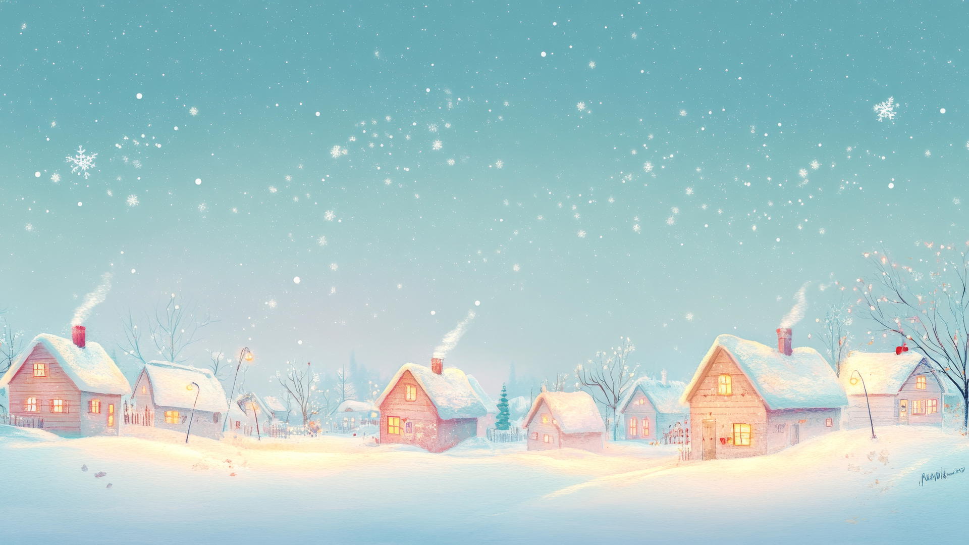 aesthetic cute wallpapers with pastel-colored winter scene, snow-covered cottages, twinkling lights