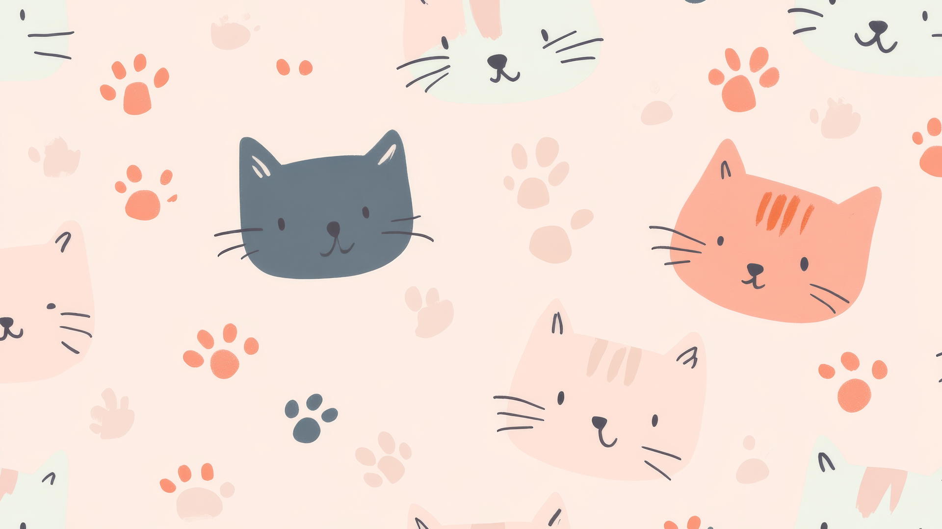 Aesthetic cute wallpapers with hand-drawn cat faces and paw prints