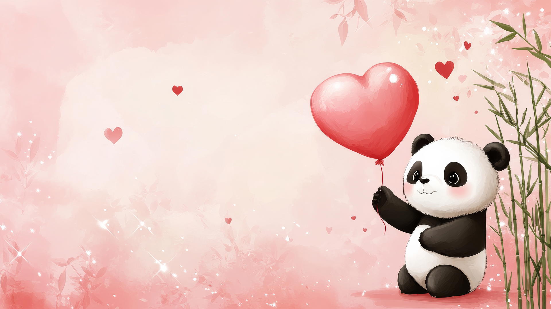 Popular cute wallpapers for girls with a cartoon panda, heart-shaped balloon, bamboo, hearts, and sparkles.