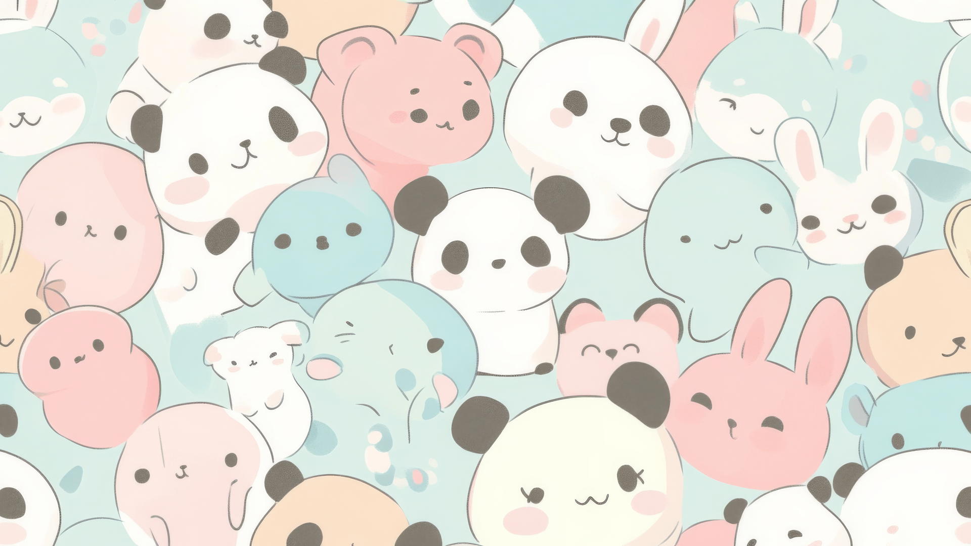 kawaii cute aesthetic wallpapers with pandas, bunnies, and kittens in pastel colors