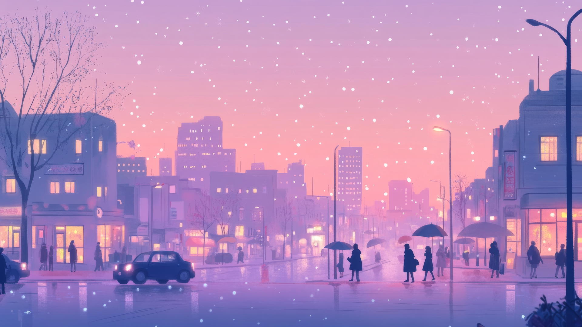 Cute aesthetic wallpapers featuring a pastel cityscape at dusk, glowing windows, tiny cars, and people with umbrellas.