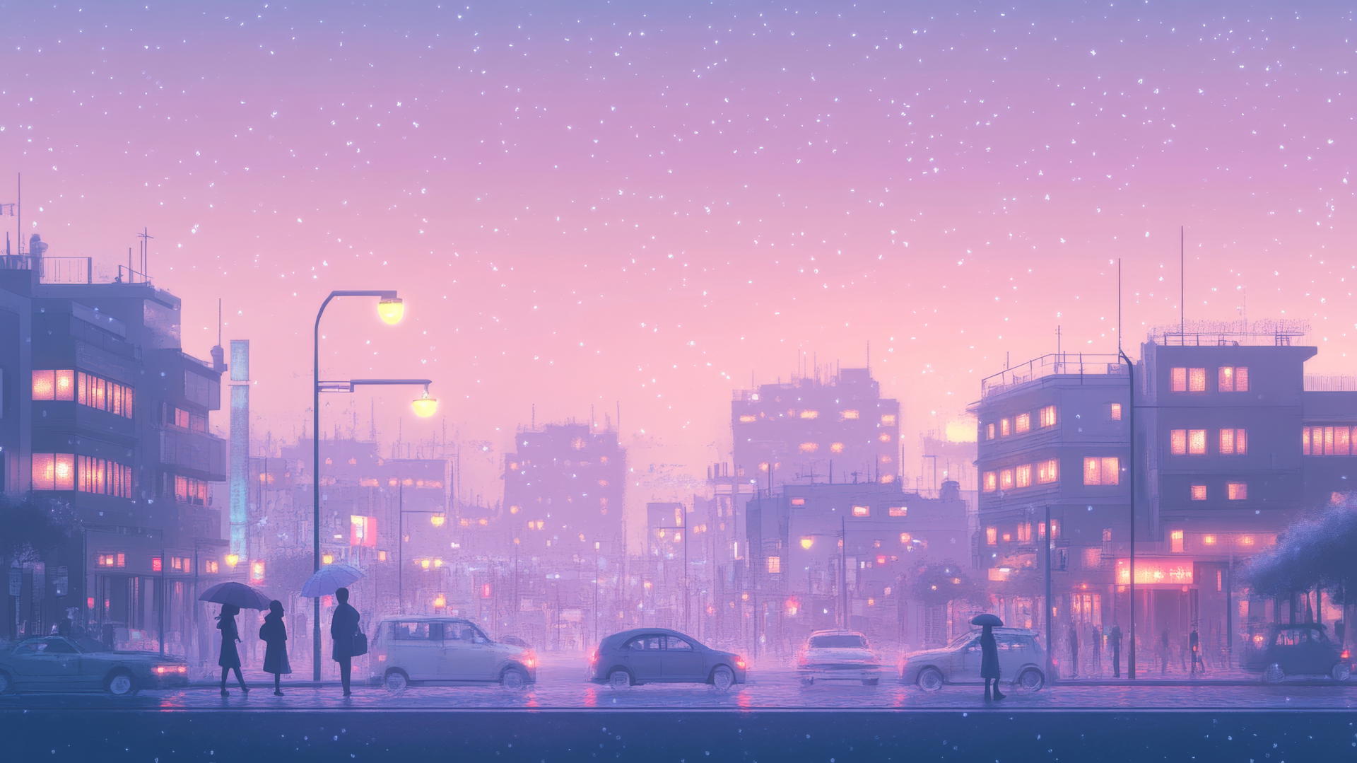 A cute pastel cityscape at dusk with glowing windows, tiny cars, people with umbrellas, and a gradient sky with twinkling stars. cute aesthetic wallpapers.