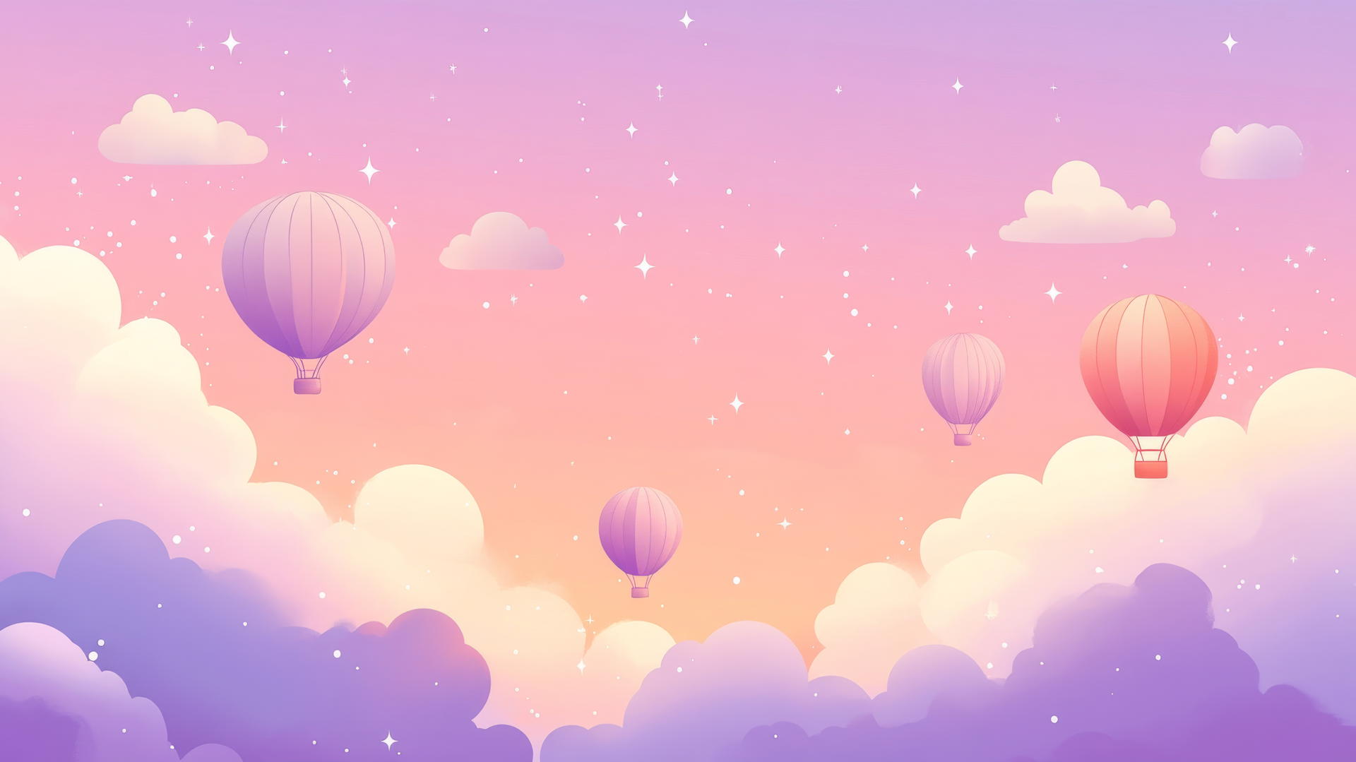 cute aesthetic wallpapers with dreamy cloudscape, pastel clouds, tiny hot air balloons, stars