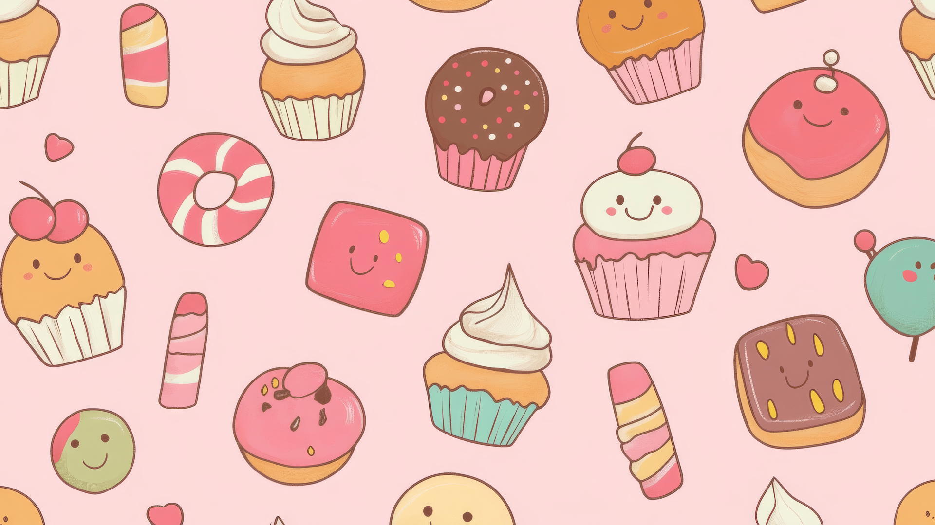 cute wallpapers for girls featuring hand-drawn sweets with happy faces on pink background