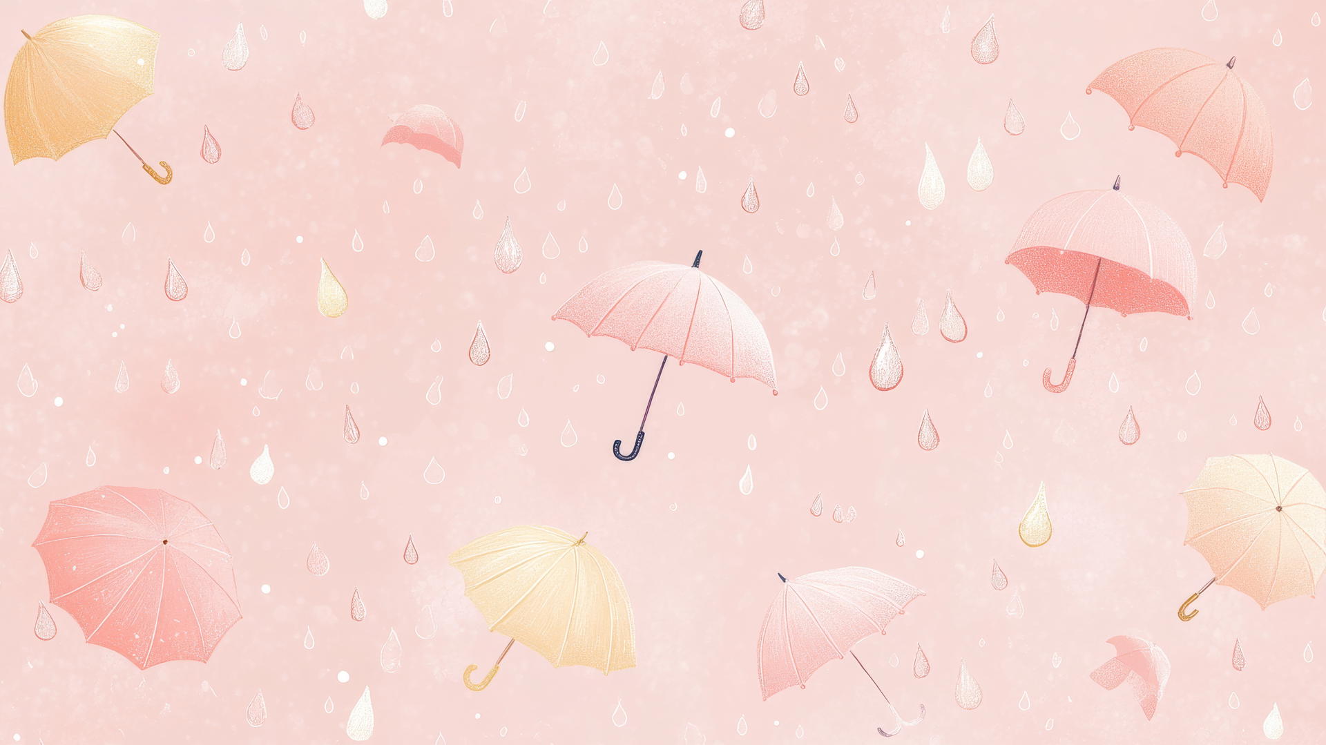 pink wallpaper cute with pastel background, tiny raindrops, and umbrellas.
