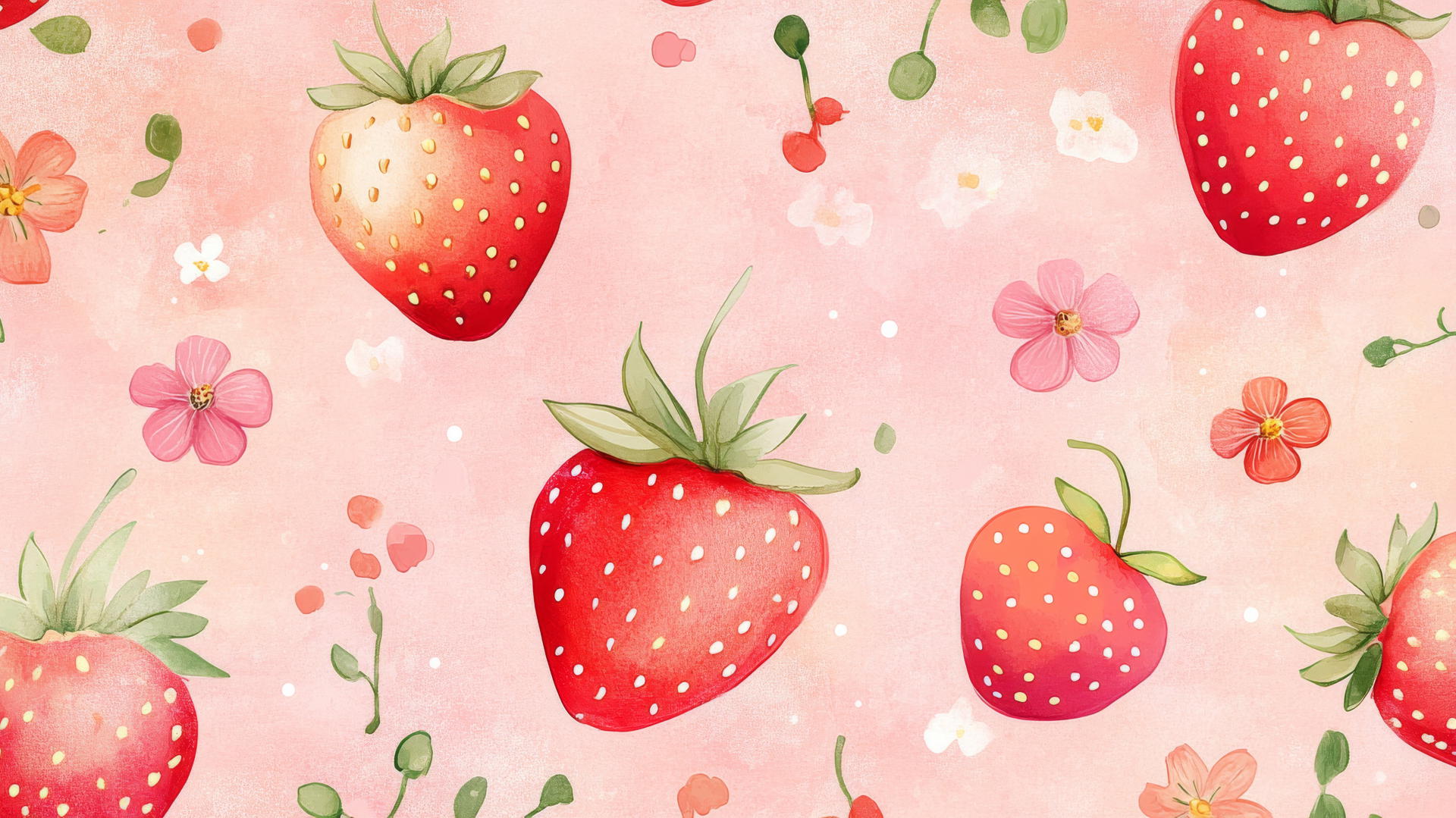 Pink wallpaper cute with hand-drawn strawberries and tiny flowers