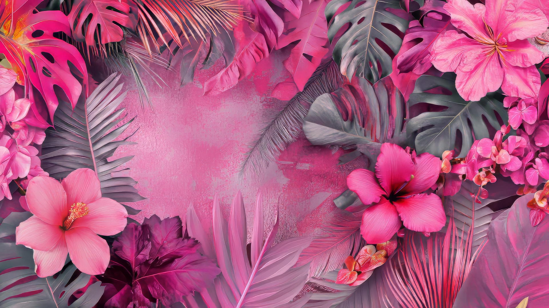 Pink wallpaper aesthetic with vibrant tropical leaves and exotic flowers